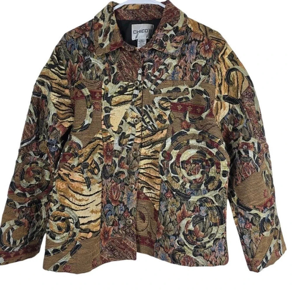 Chicos Tapestry Jacket Sz M Multicolor‎ Patchwork Bohemian Western